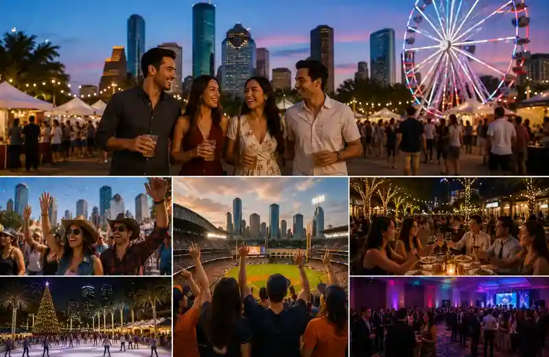 Visitors enjoying Houston festivals, sporting events, holiday celebrations, concerts, and seasonal experiences throughout the city.